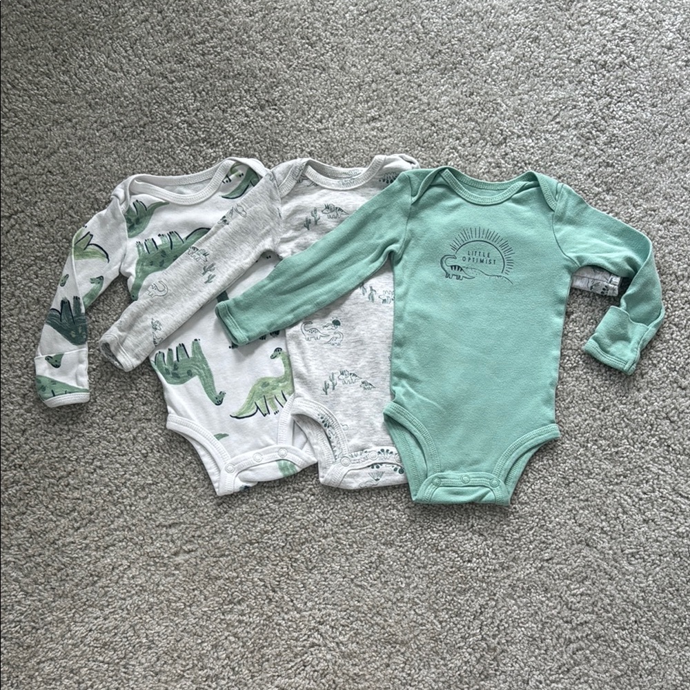 Dinosaur Print Baby Long Sleeve Onesie Bodysuit Set - Green and Gray